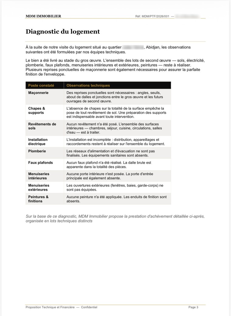 Page de diagnostic d'un dossier MDM : tableau des postes constatés et observations techniques, avant tout chiffrage.