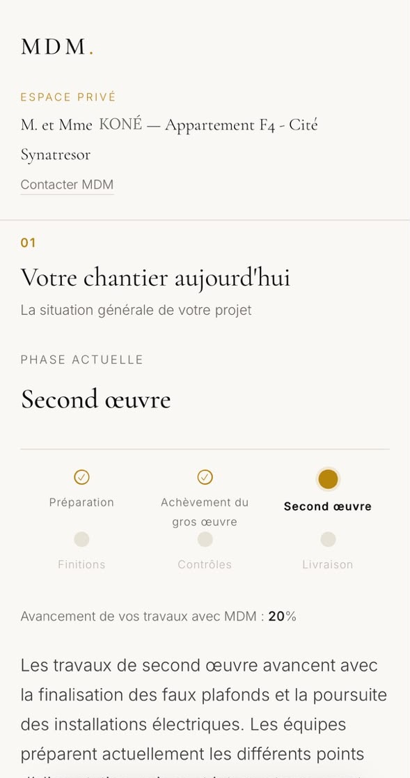 Écran du Journal de Projet : phase en cours et avancement du chantier.