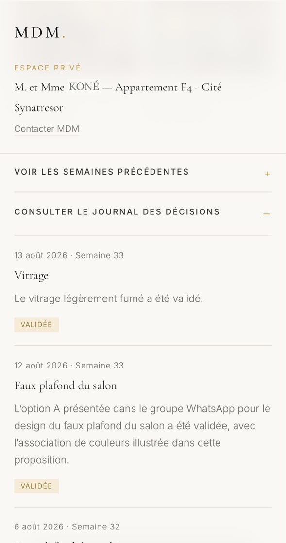 Écran du Journal de Projet : décisions validées et datées.