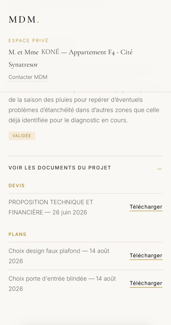 Écran du Journal de Projet : devis, plans et comptes rendus téléchargeables.