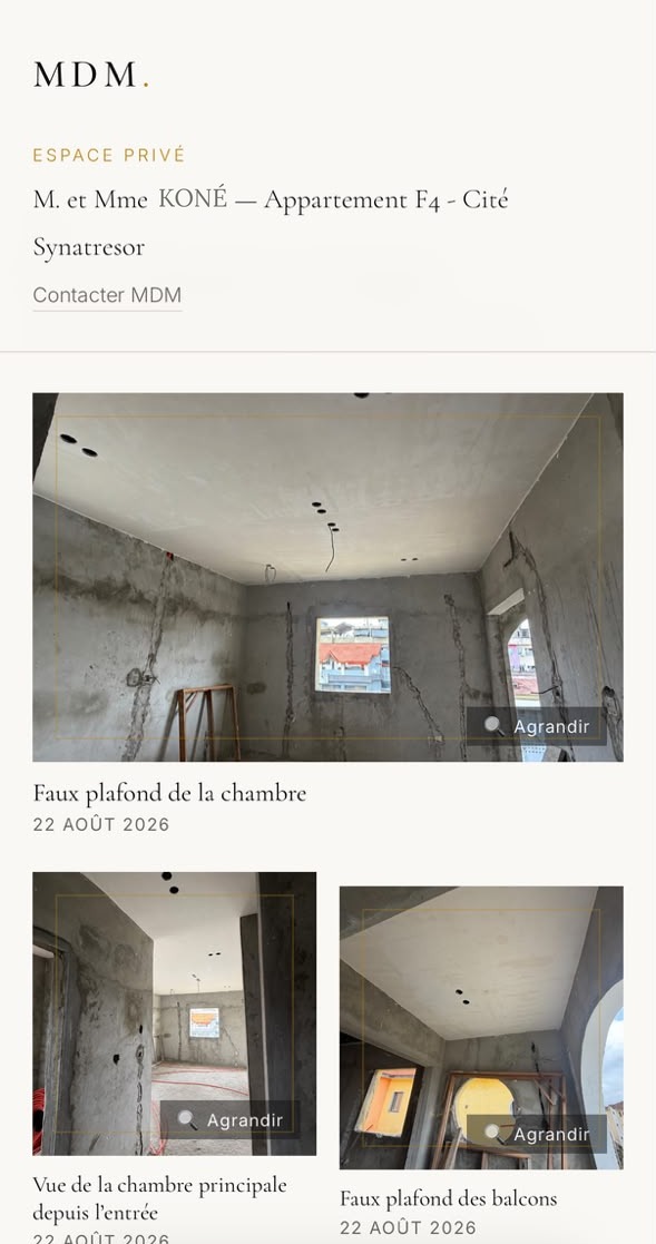 Écran du Journal de Projet : photos datées du chantier.